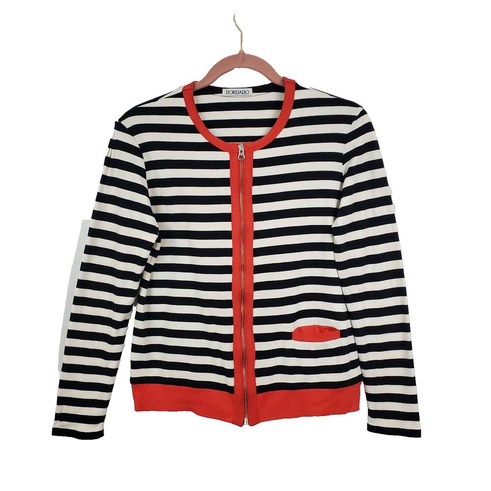 Bordado Pima Cotton Striped Sweater M Full Zip Preppy Euro Travel Parisian